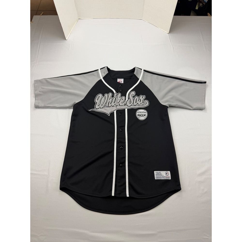 True Fan Chicago White Sox Baseball Jersey Mens‎ Size Large Black Grey Button Up